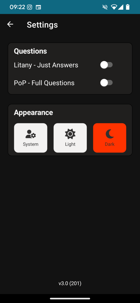 Screenshot of new settings screen (dark mode)